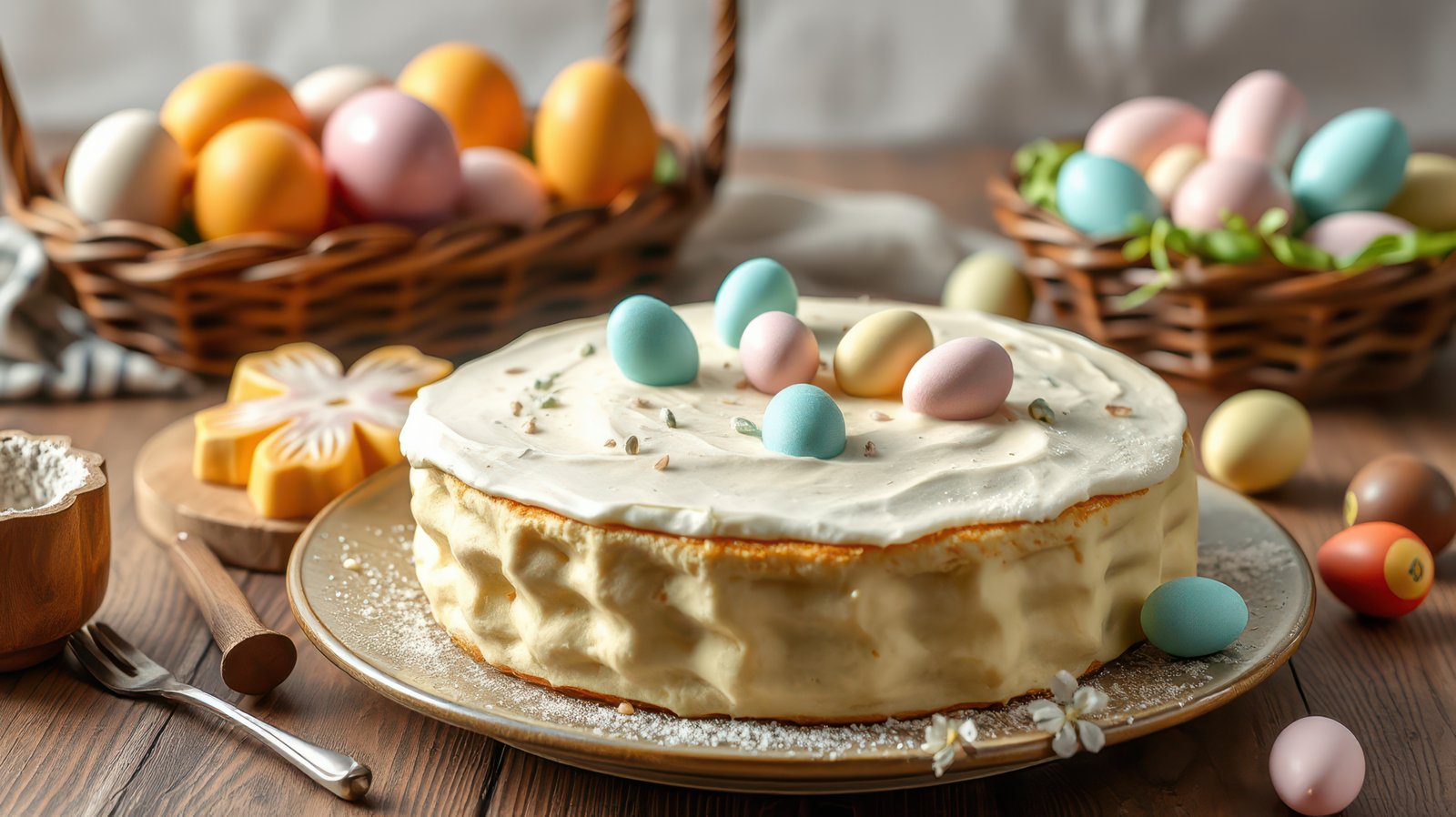 Delightful Easter dessert showcasing a cream cake adorned with colorful eggs and spring decor